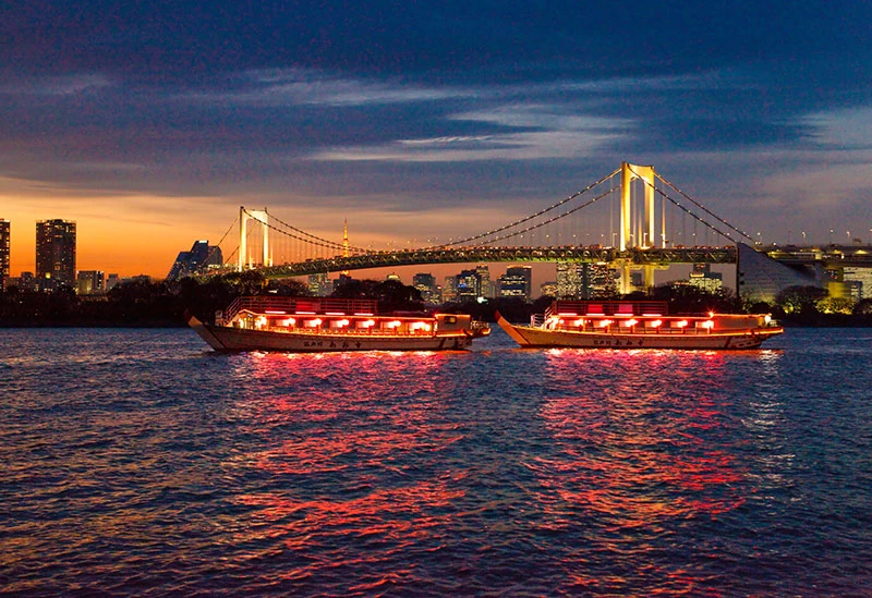 Illuminated boats at night